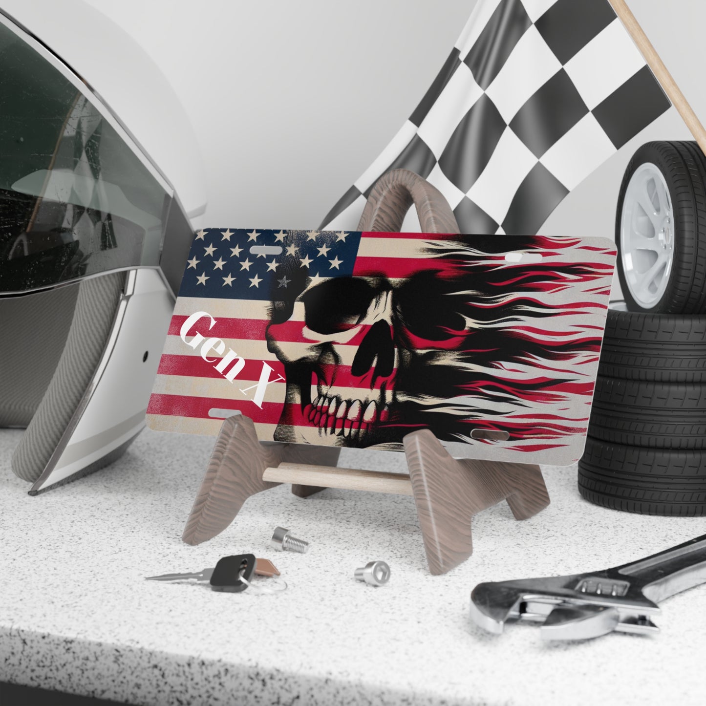 Gen X Flag and Skull Vanity Plate - Top That Tees