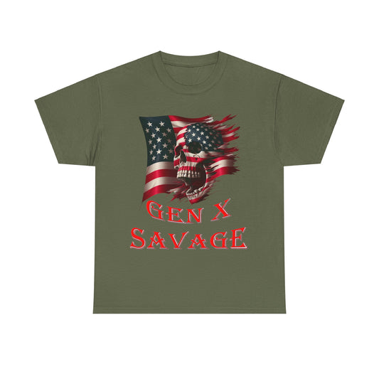 GEN X SAVAGE Unisex Heavy Cotton Tee, Generation X, American Flag, Patriot, Patriotic, Skull and Flag, Skull - Top That Tees