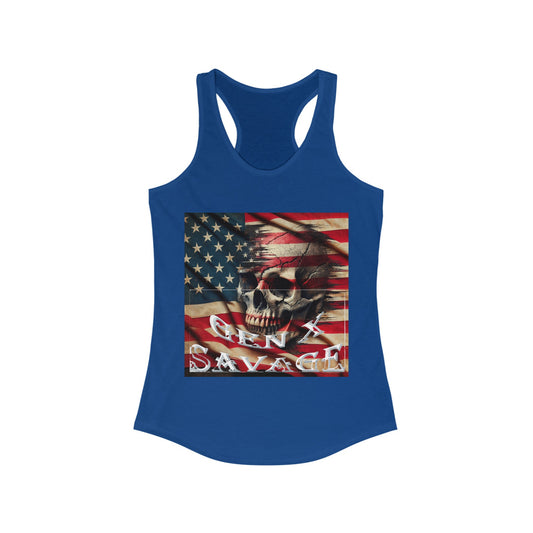 Women's GEN X SAVAGE Ideal Racerback Tank, Generation X, American Flag, Savage, Patriot, Patriotic, Skull and Flag, Skull - Top That Tees