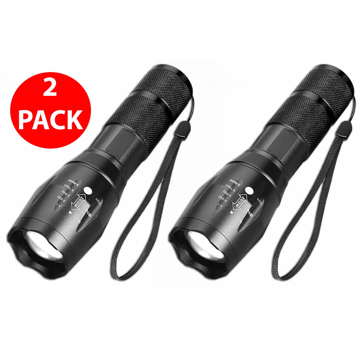 2 Pk Ultra-Bright 90000LM LED Tactical Flashlight - 5 Modes Zoomable Torch Searchlight