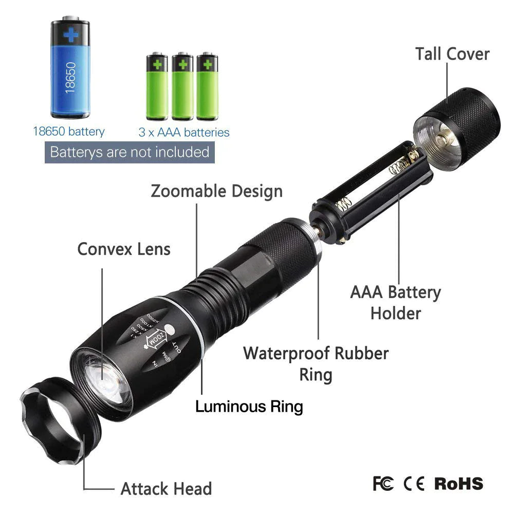 2 Pk Ultra-Bright 90000LM LED Tactical Flashlight - 5 Modes Zoomable Torch Searchlight