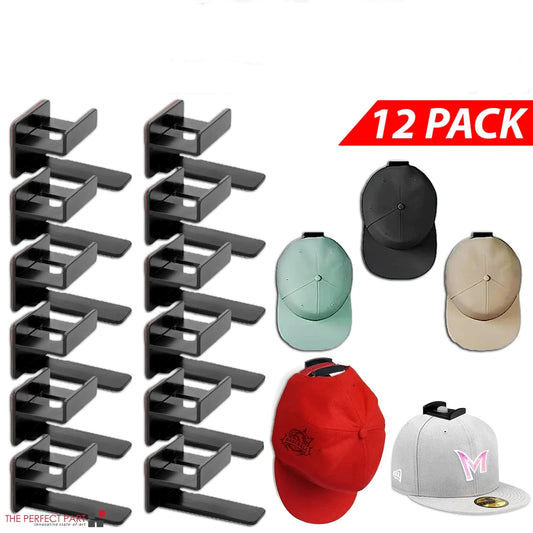 Wall mounted baseball cap organizer black with 12 adhesive hooks hat rack storage solution for doors and walls - Top That Tees