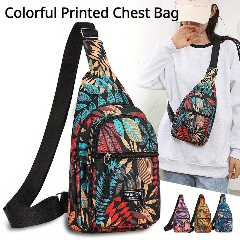 Colorful Floral Leaves Print Sling Backpack, Fashion Multi Pockets Crossbody Bag, Outdoor Travel Hiking Cycling Chest Bag - Top That Tees