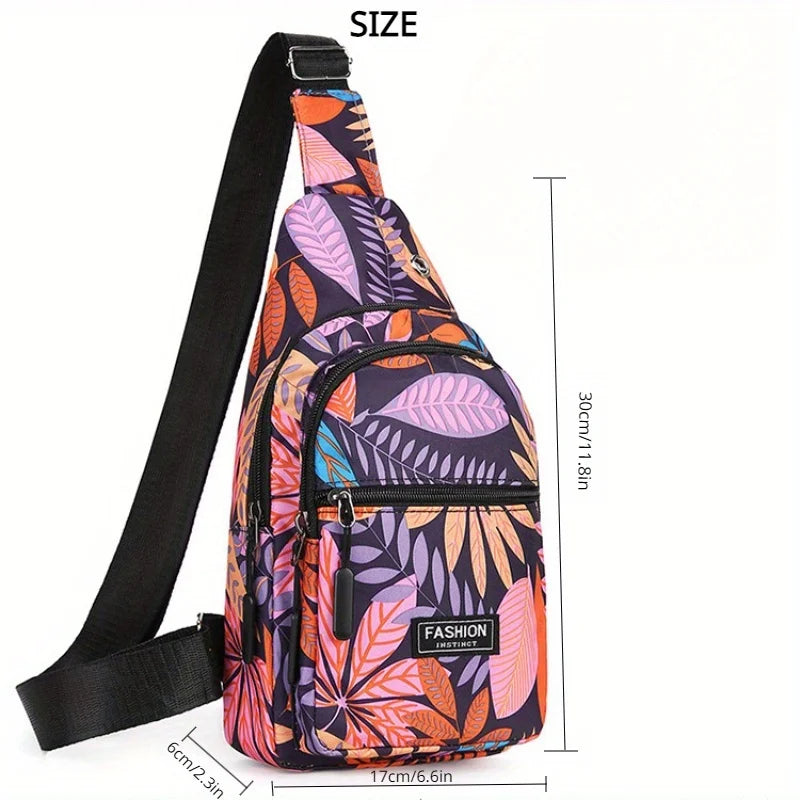 Colorful Floral Leaves Print Sling Backpack, Fashion Multi Pockets Crossbody Bag, Outdoor Travel Hiking Cycling Chest Bag - Top That Tees