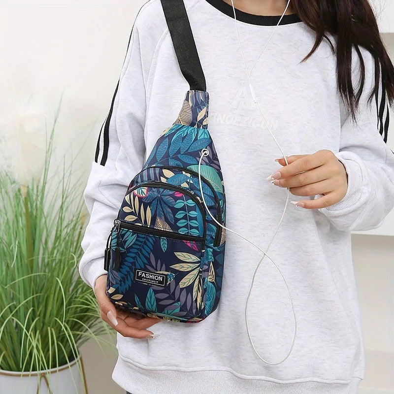 Colorful Floral Leaves Print Sling Backpack, Fashion Multi Pockets Crossbody Bag, Outdoor Travel Hiking Cycling Chest Bag - Top That Tees