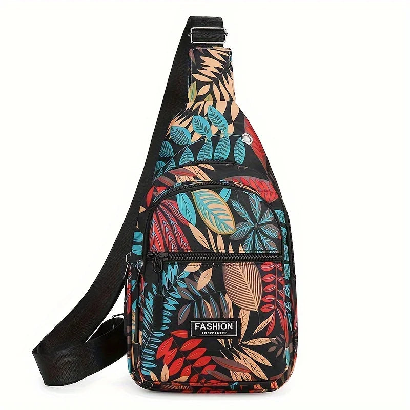 Colorful Floral Leaves Print Sling Backpack, Fashion Multi Pockets Crossbody Bag, Outdoor Travel Hiking Cycling Chest Bag - Top That Tees