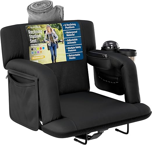 Alpcour Reclining Stadium Seat – Wide Bleacher Chair with Back Support and Cushion, Armrests, Large Pockets, and Multiple Safety Features – Best Stadium Seats Chairs for Camping, Kayak Backs and More